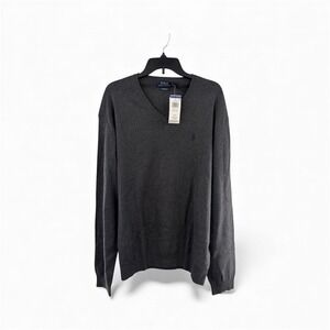 NWT Polo Ralph Lauren Pima‎ Cotton V-Neck Sweater Mens 2XL Heather Navy Pony